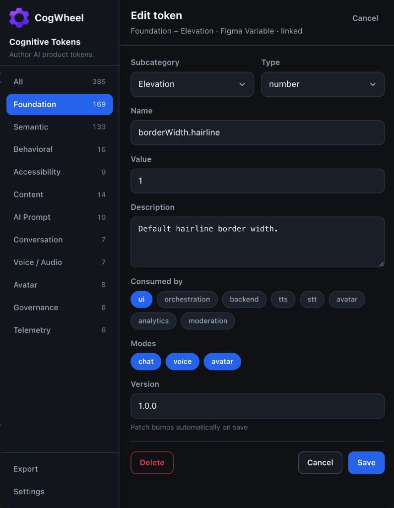 CogWheel plugin — Edit token form for borderWidth.hairline